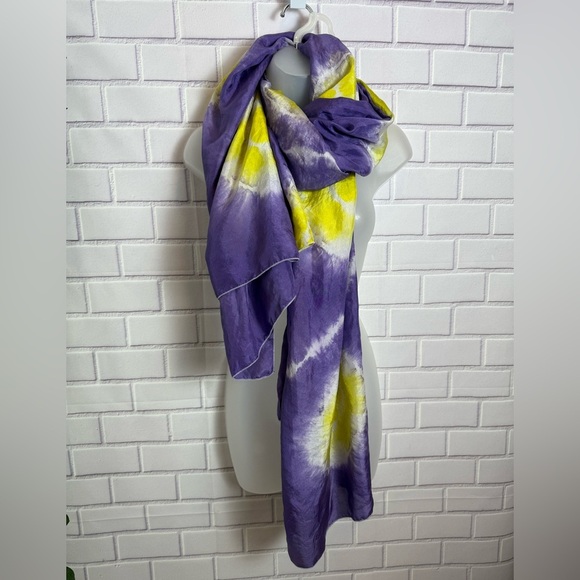 Roberta Freymann 100% Silk Tie-Dye Wrap / Scarf - Purple & Yellow /76x44in - Picture 2 of 11